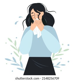 Sad young woman crying on the background of decorative leaves. The girl suffers, covering her mouth with a handkerchief. The concept of human grief, suffering, depression. Flat isolated design. Vector