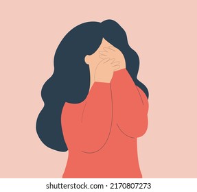 Sad young woman depressed and covers her face crying. Weeping teenage girl emotions grief. Concept of mental health disorders and psychological problems. Isolated Vector illustration.