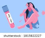 Sad young woman in depression because of AIDs.She falls apart into separate puzzles.HIV test in laboratory tube with blood.Medical poster with immunodeficiency virus.Online consultation, supporting