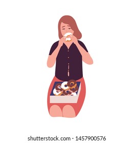 Sad Young Woman Eating Donuts. Concept Of Binge Eating Disorder, Food Addiction, Overeating. Mental Illness, Behavioral Problem, Psychiatric Condition. Flat Cartoon Colorful Vector Illustration.