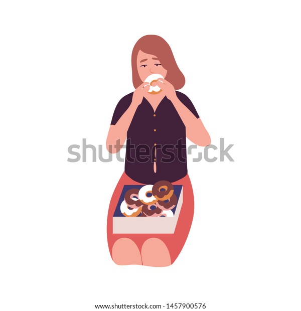 ドーナツを食べる悲しい若い女性 食べ過ぎ 食べ物中毒 食べ過ぎのコンセプト 精神疾患 行動問題 精神疾患 平らなカートーンのカラフルなベクターイラスト のベクター画像素材 ロイヤリティフリー