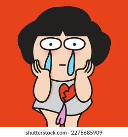 Sad Young Woman With Eye Tear Drop And Broken Heart Tear Drop Concept Card Character illustration