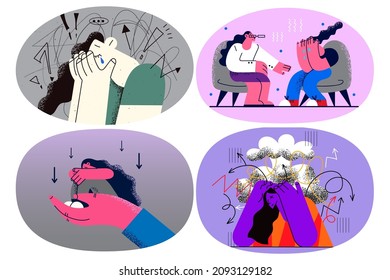 Sad young woman feel broken suffer from depression need psychotherapy counseling. Unhappy girl cry struggle with mental disorder or burnout. Anxiety and panic attack. Vector illustration. Set.