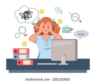 A sad young woman, fired from work, is sitting at a desk in front of a computer. Job search. The concept of financial crisis and unemployment. Job cuts. Vector illustration