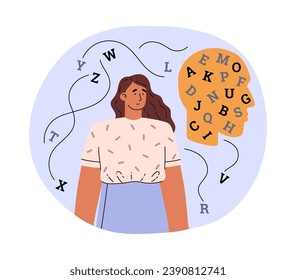 Sad young woman and head yellow silhouette with letters flat style, vector illustration isolated on white background. Decorative design element, learning difficulties metaphor