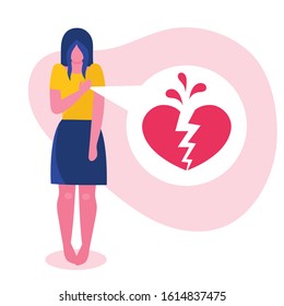 A sad young woman holds her hand over her heart.Heartbreak, divorce, relationship breakdown, unrequited love.Flat vector illustration for your article