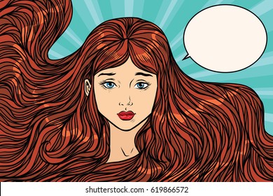 Sad young woman with long beautiful hair. Pop art retro vector illustration