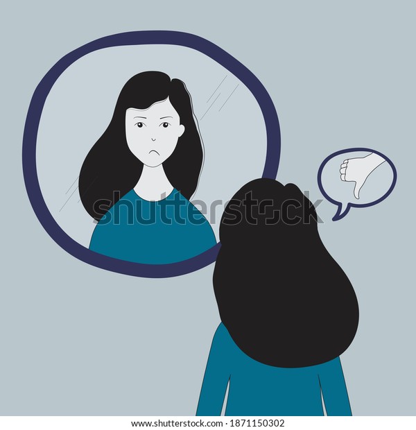 Sad young woman looking in mirror. Concept of\
sadness, loneliness, low self esteem, teenager problems, unhappy,\
mental health