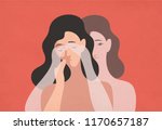 Sad young woman with lowered head and her ghostly twin standing behind and covering her eyes with hands. Concept of self-deception, reality denial, rationalization. Modern flat vector illustration.