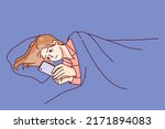 Sad young woman lying in bed using smartphone late at night. Tired female relax browsing internet or texting on cellphone. Gadget addiction. Vector illustration. 