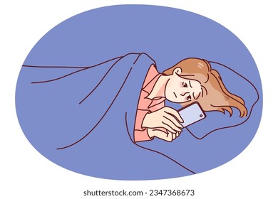 Sad young woman lying in bed using smartphone late at night. Tired female relax browsing internet or texting on cellphone. Gadget addiction. Vector illustration.