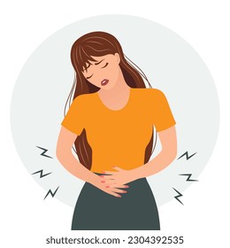 Sad young woman with menstrual pain symptoms. The concept of health and medicine. Illustration, vector	
