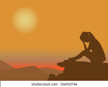 Sad Young Woman Silhouette Worried On The Mountain At Sunset With The Sun In The Background