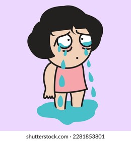 Sad Young Woman Sinking Drowning In Her Own Tears Concept Card Character illustration