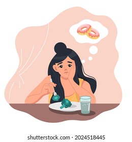 A sad young woman sits at the table with a plate of broccoli and dreams of a donut. Healthy lifestyle and bad habits. The concept of fitness and diet. Vector illustration.