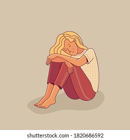 Sad young woman sitting alone as illustration of mental disorder, psychotherapy concept, loneliness, and depression. Flat cartoon vector character.
