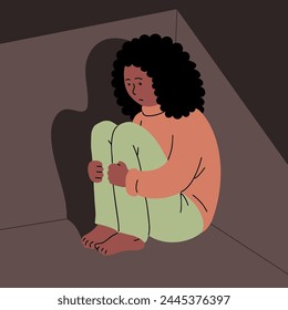 Sad young woman. Sitting in the corner. Fear, depression and social phobia. Teen character. Flat vector illustration