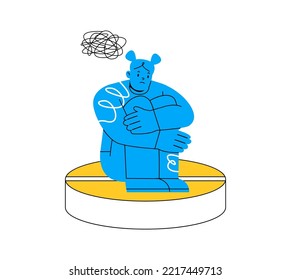 Sad young woman sitting on big pill. Mental disorders concept. Vector illustration
