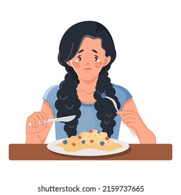 A sad young woman is sitting at the table with a plate of oatmeal porridge. Healthy lifestyle and bad habits. The concept of fitness and diet. Vector illustration.