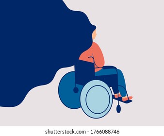 Sad young woman is sitting in a wheelchair isolated on light background. Back view of female person with physical disability or impairment in a wheelchair. Vector illustration