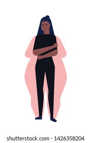 Sad young woman suffering from anorexia nervosa. Female character with low body mass index or underweight. Eating disorder, illness, psychological problem. Flat cartoon colorful vector illustration.