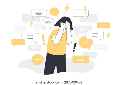 Sad young woman surrounded by speech bubbles covering ears with hands to stop information noise. Social media telling news full of hoax flat vector illustration. Disinformation, advertising concept