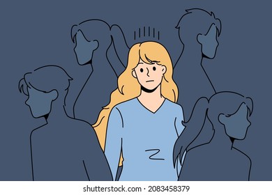 Sad young woman surrounded by people silhouettes feel lonely in society suffer from lack of communication. Upset girl struggle with loneliness and solitude in crowd. Outcast. Vector illustration.