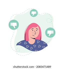 Sad Young Woman Surrounded By Hands With Thumbs Down. Sad Female Character Avatar. Guilt, Shame And Social Disapproval Concept. Flat Vector Illustration Isolated On White Background.