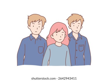 Triste jovem cercada de gente, sentindo-se isolada na sociedade, falta de comunicação. Menina irritada lutando com solidão e isolamento na multidão. Design de vetor de estilo desenhado à mão
