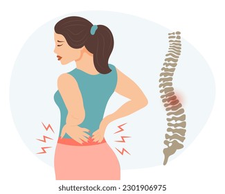 Mujer joven triste con síntomas de dolor en la parte inferior de la espalda y la columna vertebral. El concepto de salud y medicina. Ilustración, vector