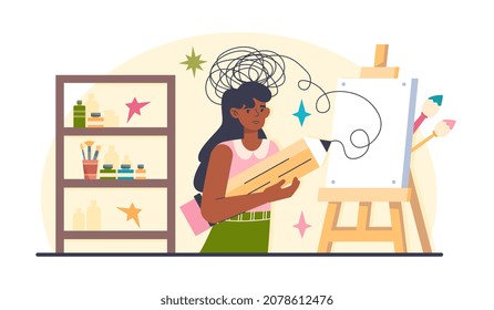 Sad Young Woman Is Taking An Art Therapy Class. Concept Of Art Theraphy Focused On Helping People With Mental Problems. Flat Cartoon Vector Illustration