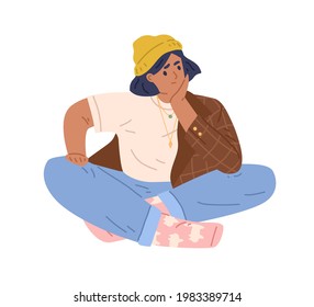 Sad young woman thinking about problems, hesitating and doubting. Unhappy pensive person with frowning and embarrassed face expression. Colored flat vector illustration isolated on white background