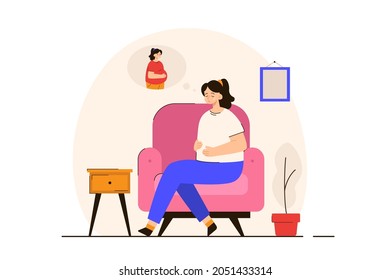 Sad young woman thinking about being pregnant. Infertility, miscarriage, baby lost concept. Modern flat vector illustration