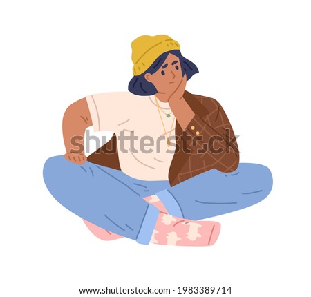 Sad young woman thinking about problems, hesitating and doubting. Unhappy pensive person with frowning and embarrassed face expression. Colored flat vector illustration isolated on white background