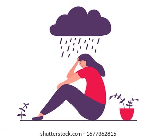 Sad young woman under rain.The girl is depressed person sitting on the floor.
Character with psychological problems isolated on a white background.Flat illustration vector.Unhappily hugging her knees.