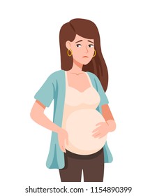 Sad young woman or unhappy pregnant teenage girl isolated on white background. Social problem of adolescent or teen pregnancy. Immature mother. Colorful vector illustration in flat cartoon style