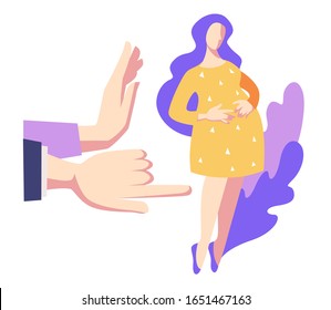 Sad young woman or unhappy pregnant teenage girl and public disapproval or discrimination vector. Social problem of adolescent or teen pregnancy, society violence. Immature mother, pointing finger