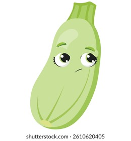 Sad zucchini with expressive eyes Unique vegetable character perfect for illustrating emotions, food-related projects, healthy lifestyle and organic products content