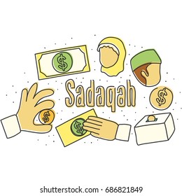 Sadaqah (giving/donation in Arabic) . Islamic icon set in doodle style series