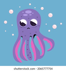 Sad,cute purple octopus cartoon. Vector illustration isolated On a blue background with bubbles under water.