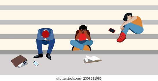 Saddened men sit on the steps. Men in depression. Clipart for articles and features on men's mental health. Psychological problems of men.
 Raising awareness about men’s mental health