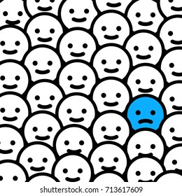 Sad/depressed emoticon in the crowd - isolated vector illustration
