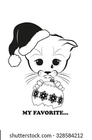 Saddest kitten in the world. He hold  his favorite Christmas ball in his paws and it is broken.  And all sadness of the world is in his eyes. Black vector isolated on white background. 