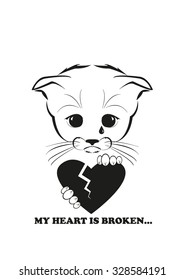 Saddest kitten in the world. He holds his broken heart ih his paws. And all sadness of the world is in his eyes. Black vector illustration isolated on white background. 