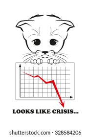 Saddest kitten in the world. He holds failing business diagram with red down falling graph. And all sadness of the world is in his eyes. Black vector illustration isolated on white background 
