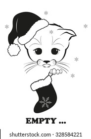 Saddest kitten in the world. He holds empty Christmas stockings in his paws - no presents, no sweets. Only empty house, Christmas hat and snowflakes fallen on the day after Christmas.