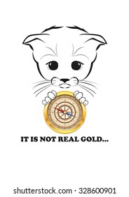 Saddest kitten in the world. He holds brass compass that only looks like gold one. And all sadness of the world is in his eyes. Black vector illustration isolated on white background. 