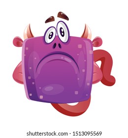 Sad/disappointed Boxy Purple Monster. Vector Illustration Isolated On White Background