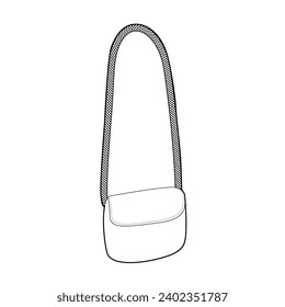 Saddle bag crossbody silhouette with rope handle. Fashion accessory technical illustration. Vector satchel front 3-4 view for Men, women, unisex style, flat handbag CAD mockup sketch outline isolated