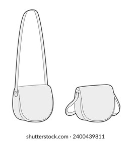 Sattel Cross-Body-Tasche mit geschwungenen Linien Silhouette. Technische Illustration zum Mode-Accessoire. Vektorgrafik-Vorderseite 3-4 für Männer, Frauen, unisex-Stil flache Handtasche CAD-Mockup Skizze einzeln